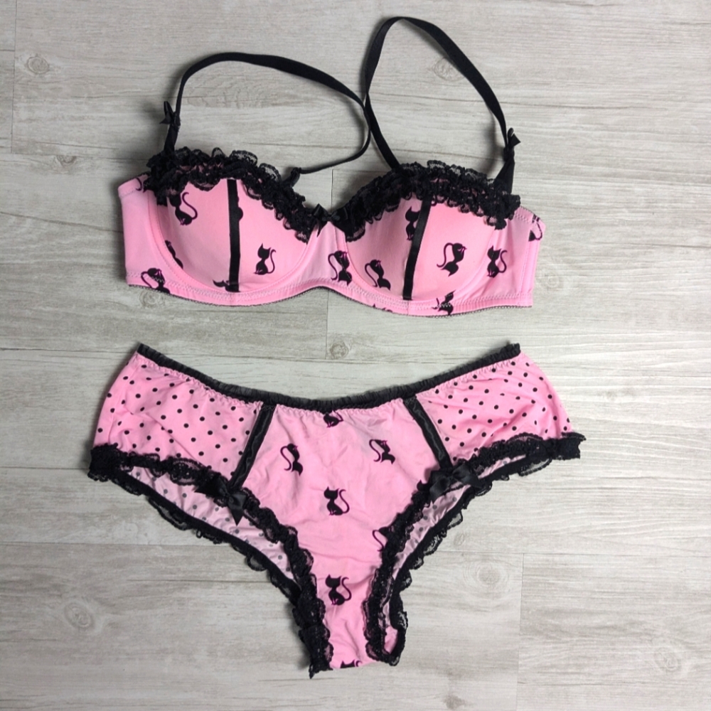Cute Kitty Print Pink and Black Bra and Panty Set